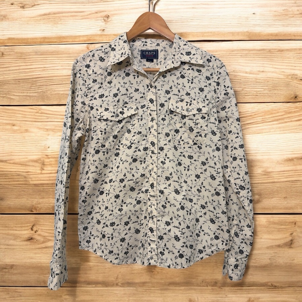 CHAPS DENIM WOMEN’S MEDIUM BLACK FLORAL BUTTON FRONT BLOUSE LONG SLEEVE